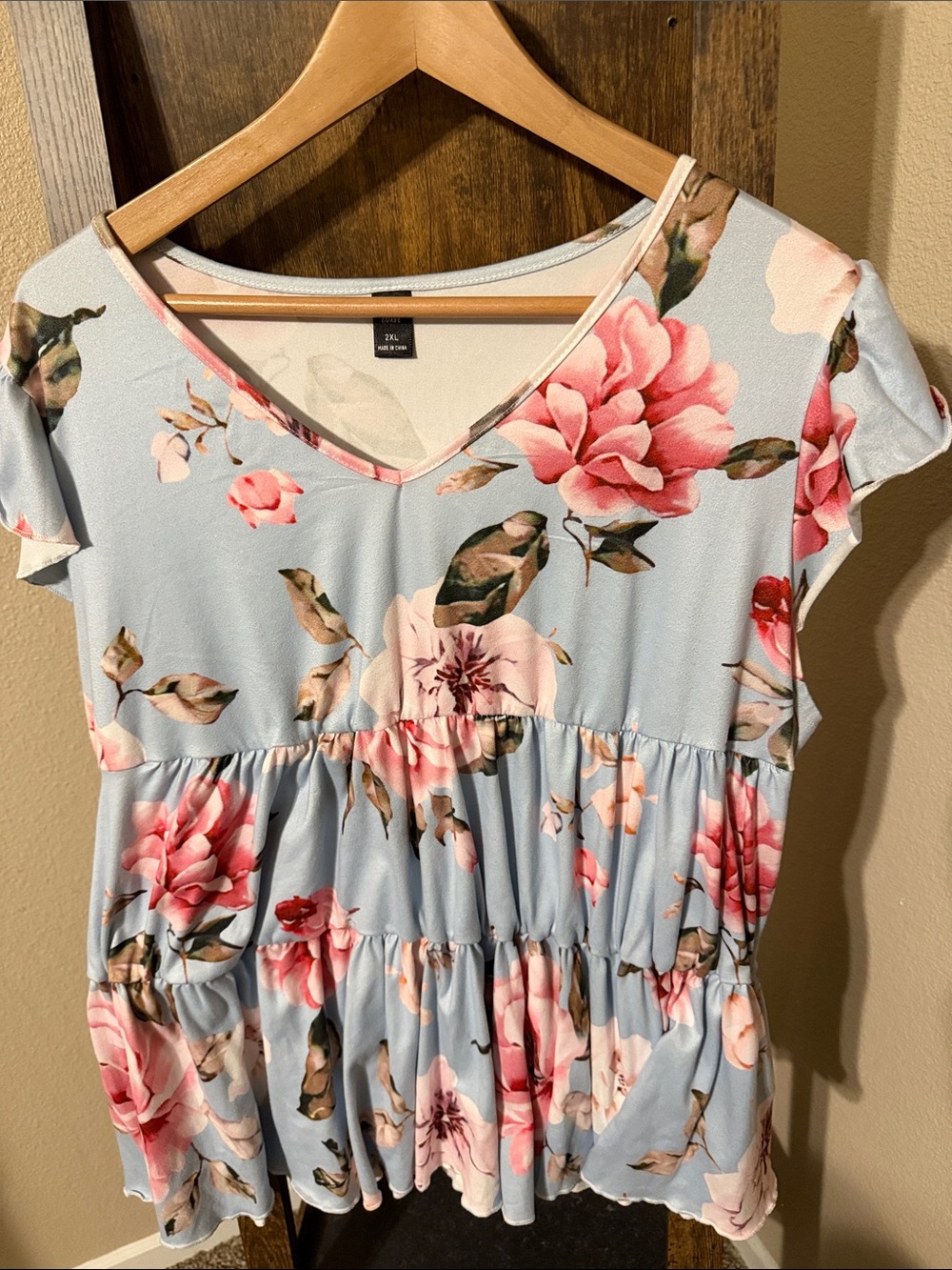 SHEIN Light Blue Floral Ruffle Peplum Tunic